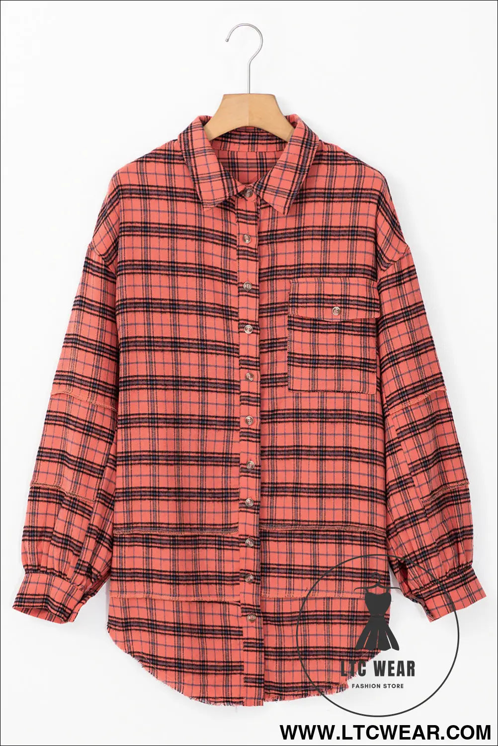 Red plaid long sleeve distressed hem shirt shacket - long sleeve tops
