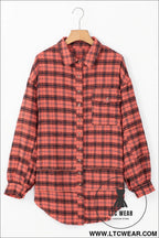 Red plaid long sleeve distressed hem shirt shacket - long sleeve tops