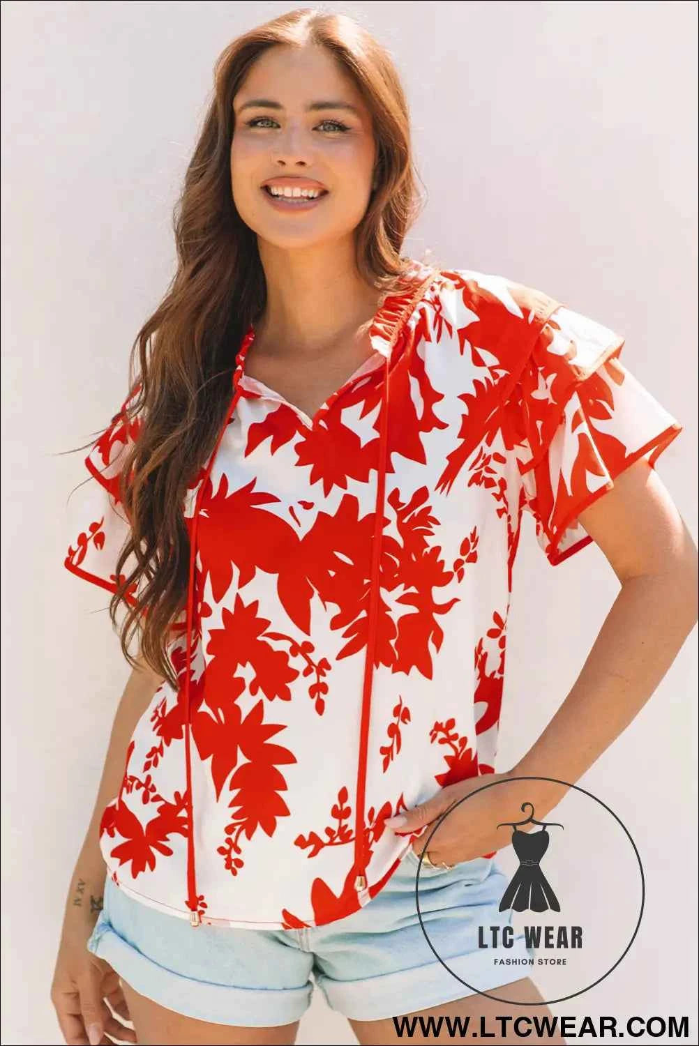 Red Plant Print Tiered Ruffled Sleeve V Neck Blouse