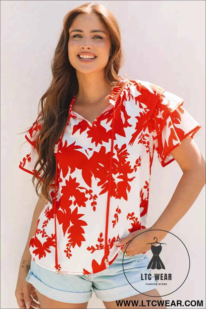 Red Plant Print Tiered Ruffled Sleeve V Neck Blouse