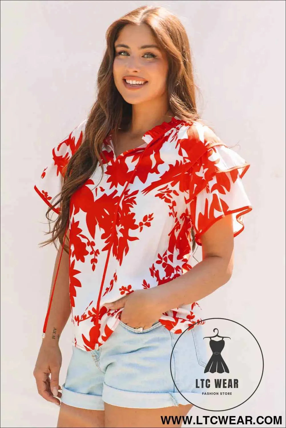 Red Plant Print Tiered Ruffled Sleeve V Neck Blouse