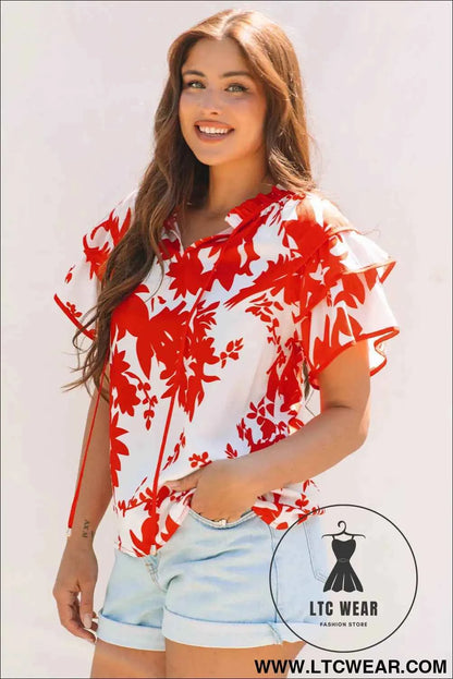 Red Plant Print Tiered Ruffled Sleeve V Neck Blouse