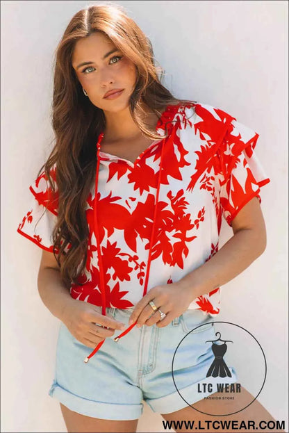 Red Plant Print Tiered Ruffled Sleeve V Neck Blouse