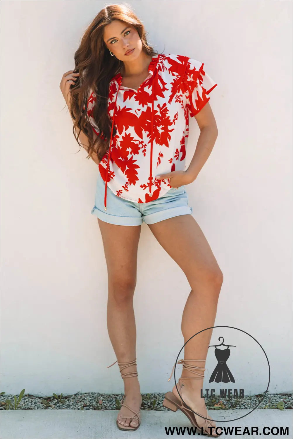 Red Plant Print Tiered Ruffled Sleeve V Neck Blouse - L.T.C Wear Online Fashion Store