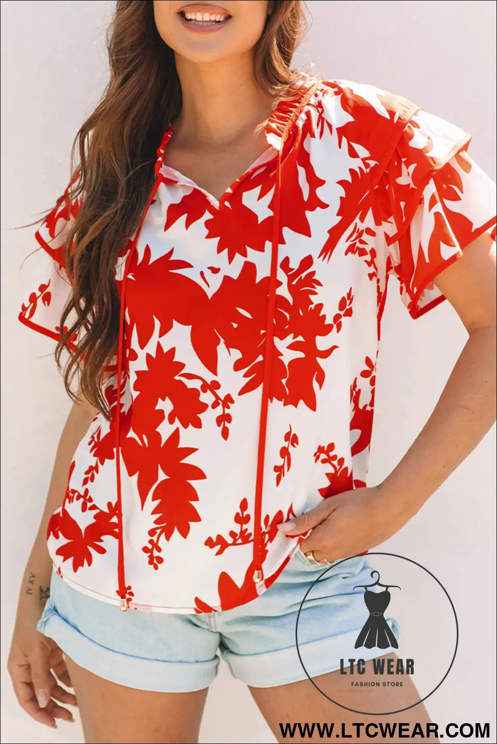 Red Plant Print Tiered Ruffled Sleeve V Neck Blouse - L.T.C Wear Online Fashion Store
