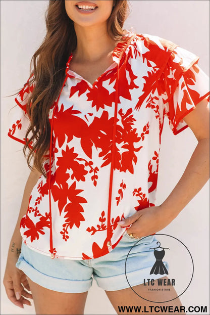 Red Plant Print Tiered Ruffled Sleeve V Neck Blouse - L.T.C Wear Online Fashion Store