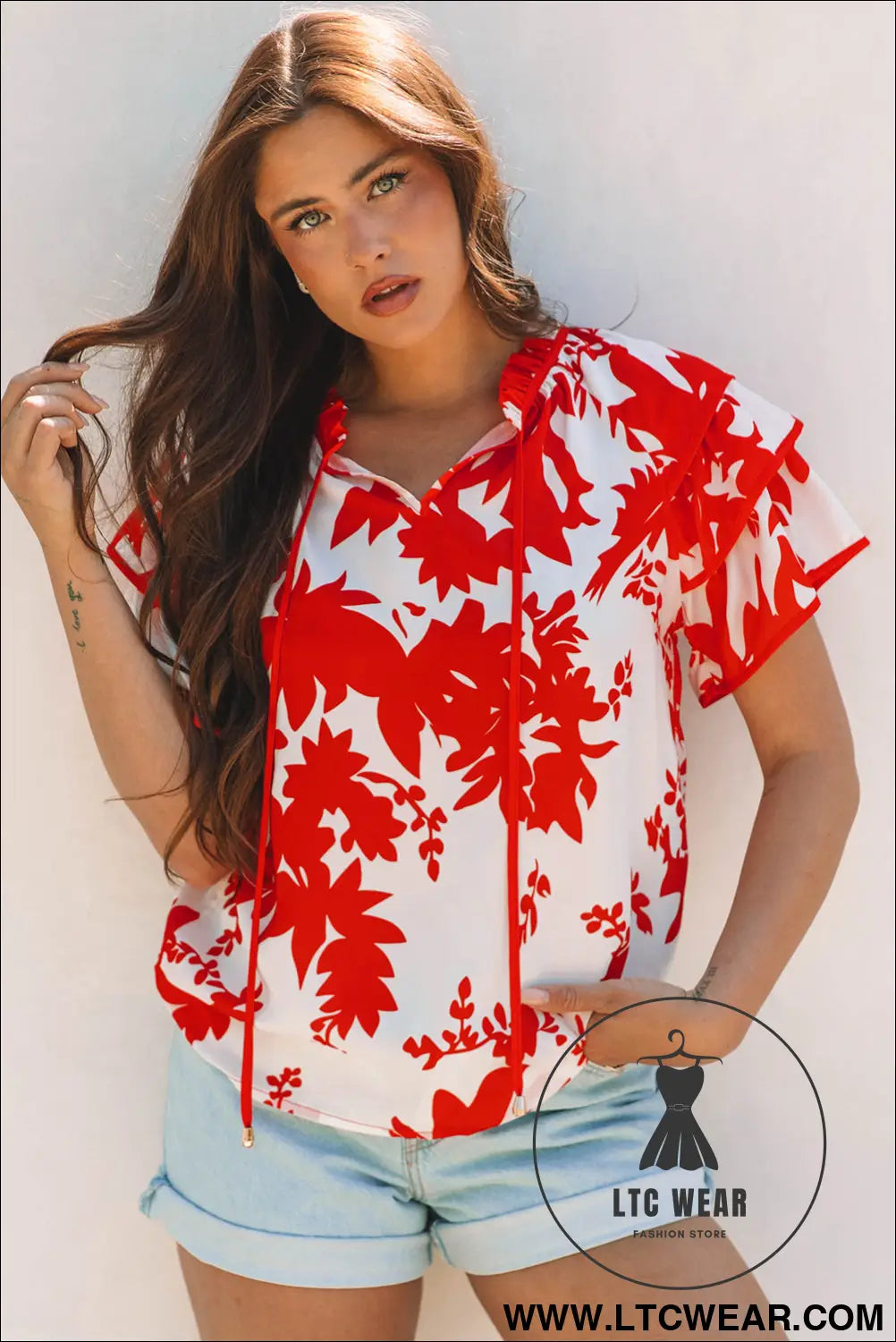 Red Plant Print Tiered Ruffled Sleeve V Neck Blouse - L.T.C Wear Online Fashion Store