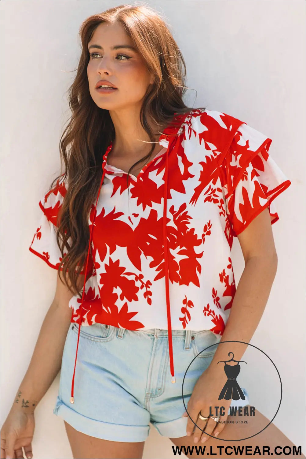 Red Plant Print Tiered Ruffled Sleeve V Neck Blouse - L.T.C Wear Online Fashion Store