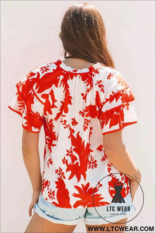 Red Plant Print Tiered Ruffled Sleeve V Neck Blouse