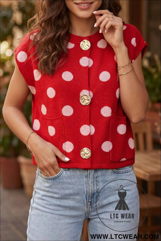 Red Polka Dot Sleeveless Knit Button Drop Shoulder Sweater Vest