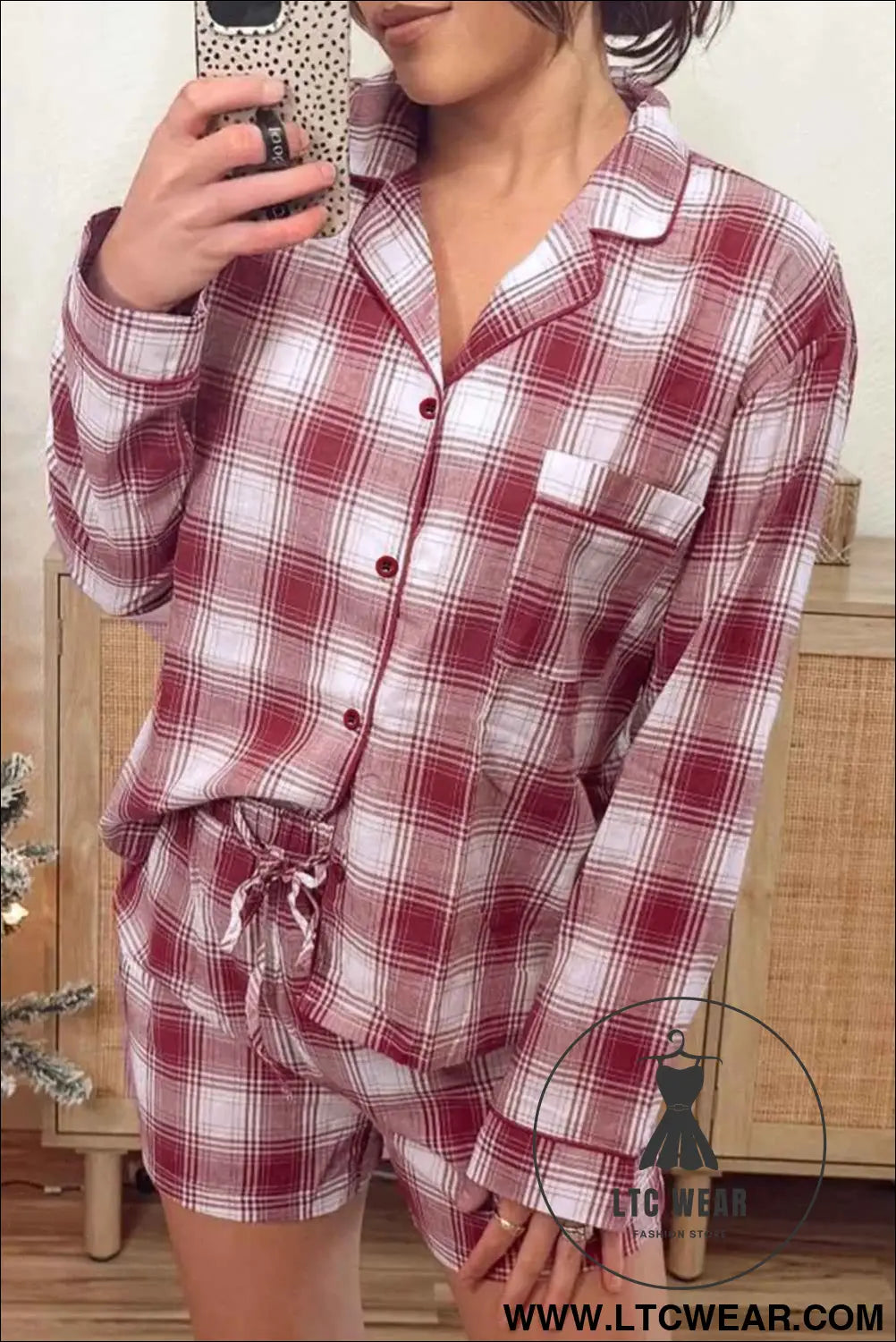 Red Retro Plaid Long Sleeve Shirt Drawstring Shorts 2pcs Lounge Set