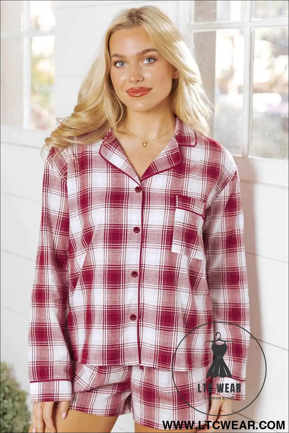 Red Retro Plaid Long Sleeve Shirt Drawstring Shorts 2pcs Lounge Set