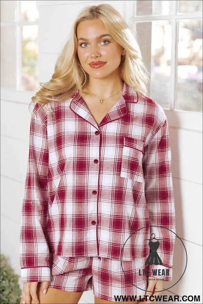Red Retro Plaid Long Sleeve Shirt Drawstring Shorts 2pcs Lounge Set