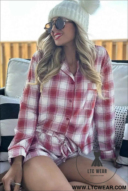 Red Retro Plaid Long Sleeve Shirt Drawstring Shorts 2pcs Lounge Set