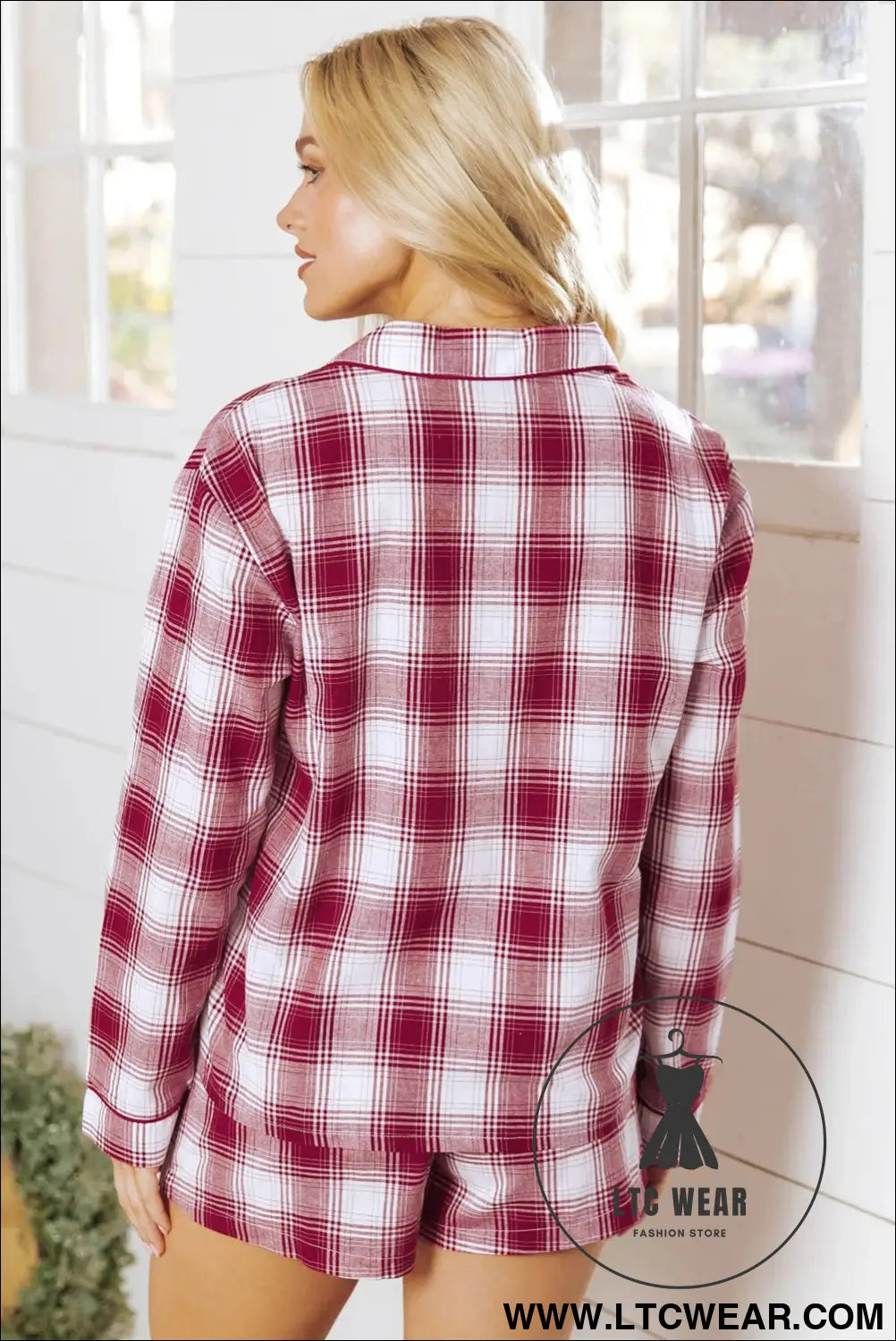 Red Retro Plaid Long Sleeve Shirt Drawstring Shorts 2pcs Lounge Set - L.T.C Wear Online Fashion Store