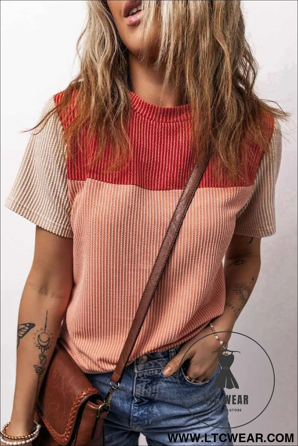 Red Rib Textured Colorblock T Shirt