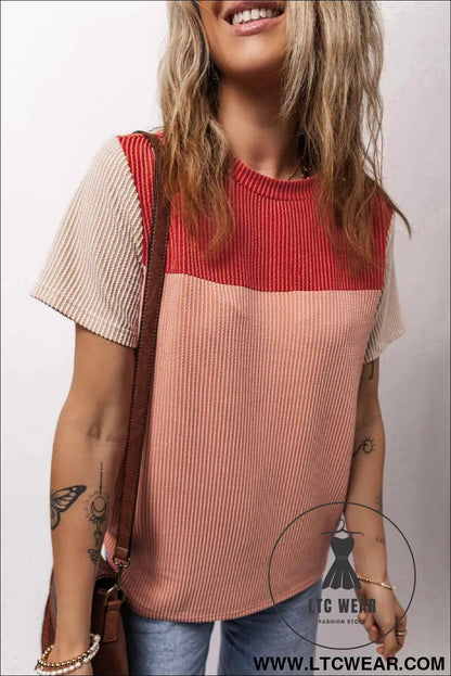 Red Rib Textured Colorblock T Shirt
