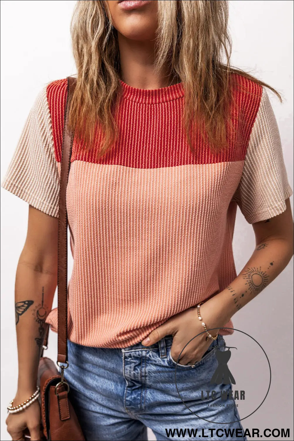 Red Rib Textured Colorblock T Shirt - L.T.C Wear Online Fashion Store