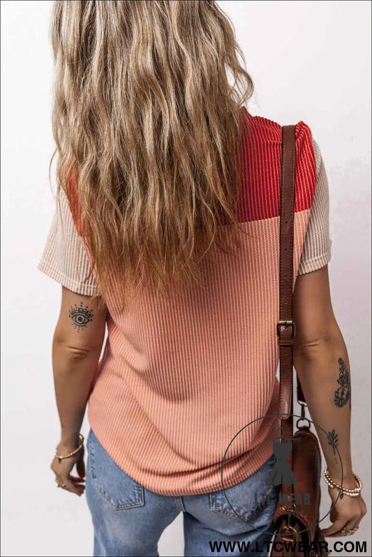 Red Rib Textured Colorblock T Shirt