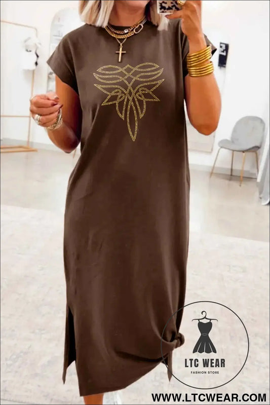 Red Sandalwood Rhinestone Western Graphic Side Slit Midi T-Shirt Dress
