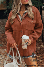Red sandalwood ribbed knit buttons front flap pocket casual shacket - red sandalwood / l / 85% polyester + 10% viscose