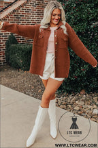 Red sandalwood ribbed knit buttons front flap pocket casual shacket - jackets