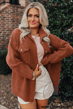 Red sandalwood ribbed knit buttons front flap pocket casual shacket - jackets