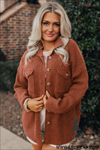Red sandalwood ribbed knit buttons front flap pocket casual shacket - jackets