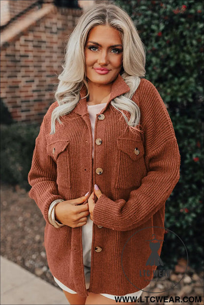 Red sandalwood ribbed knit buttons front flap pocket casual shacket - jackets