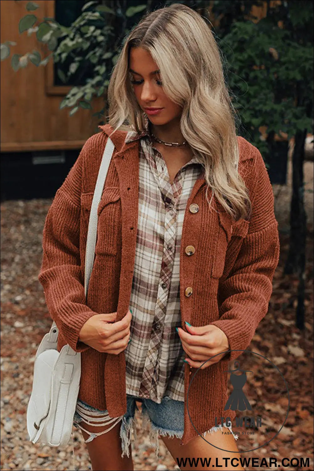 Red sandalwood ribbed knit buttons front flap pocket casual shacket - jackets