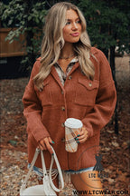 Red sandalwood ribbed knit buttons front flap pocket casual shacket - jackets