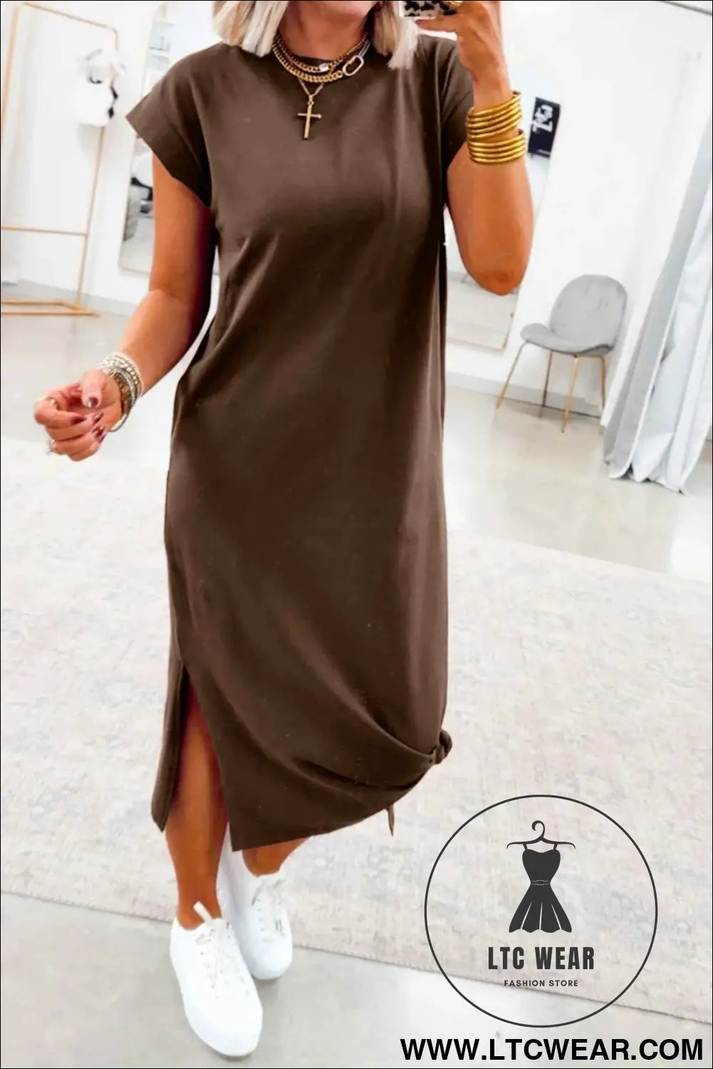 Red Sandalwood Solid Color Long T Shirt Dress with Slits