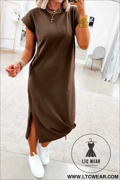 Red Sandalwood Solid Color Long T Shirt Dress with Slits