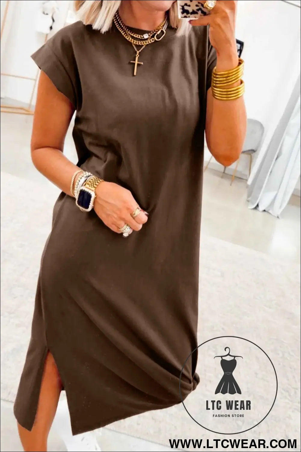 Red Sandalwood Solid Color Long T Shirt Dress with Slits
