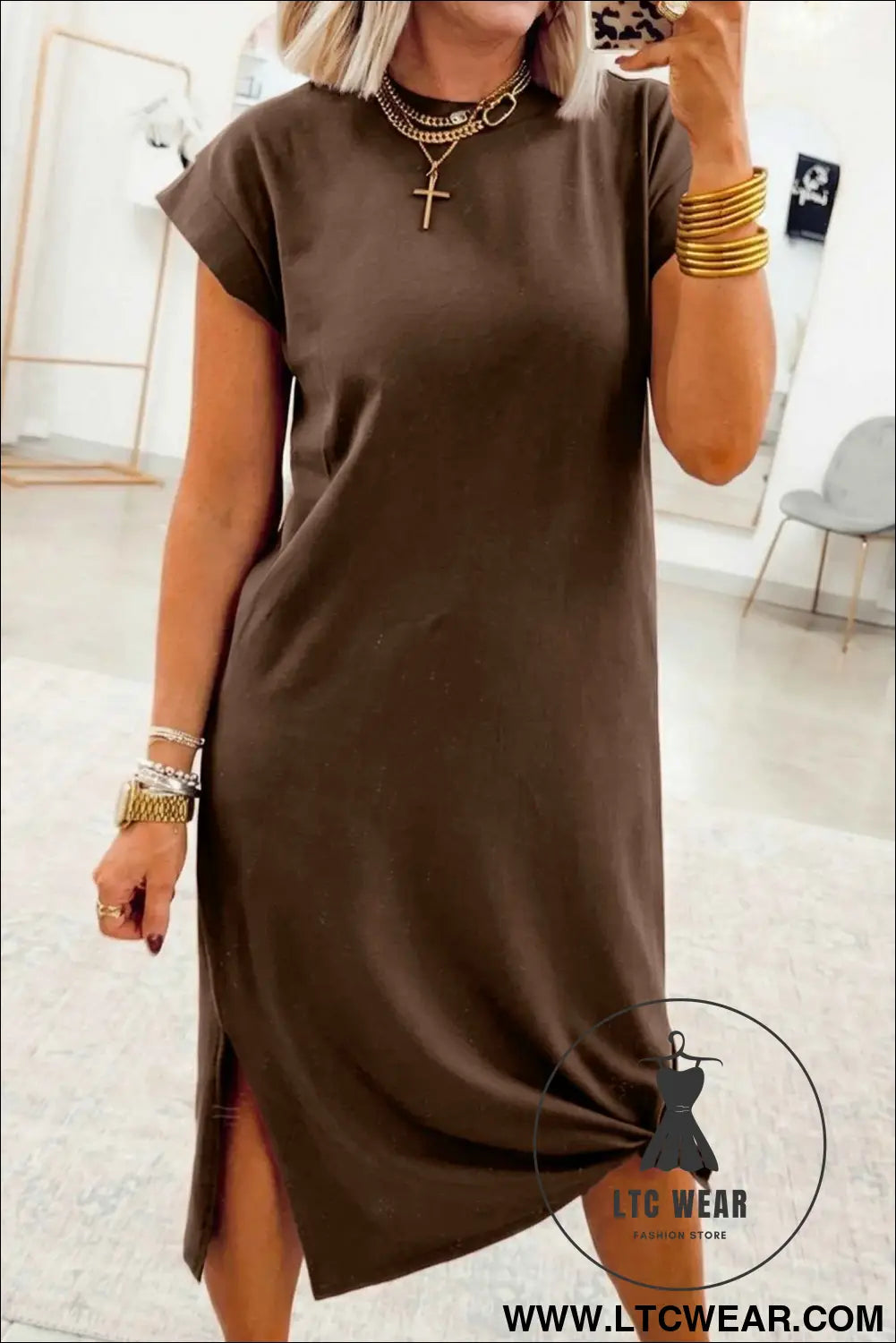 Red Sandalwood Solid Color Long T Shirt Dress with Slits