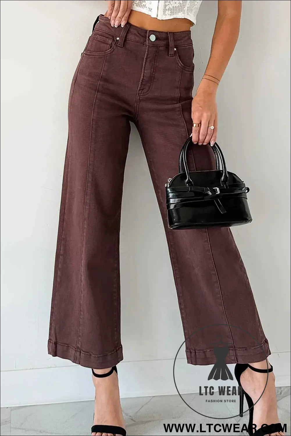 Red Sandalwood Solid Color Seamed Center Wide Leg Cropped Jeans