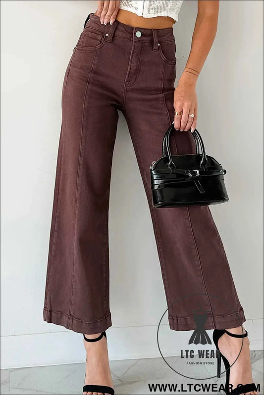 Red Sandalwood Solid Color Seamed Center Wide Leg Cropped Jeans