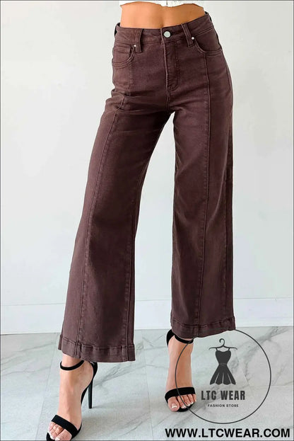 Red Sandalwood Solid Color Seamed Center Wide Leg Cropped Jeans