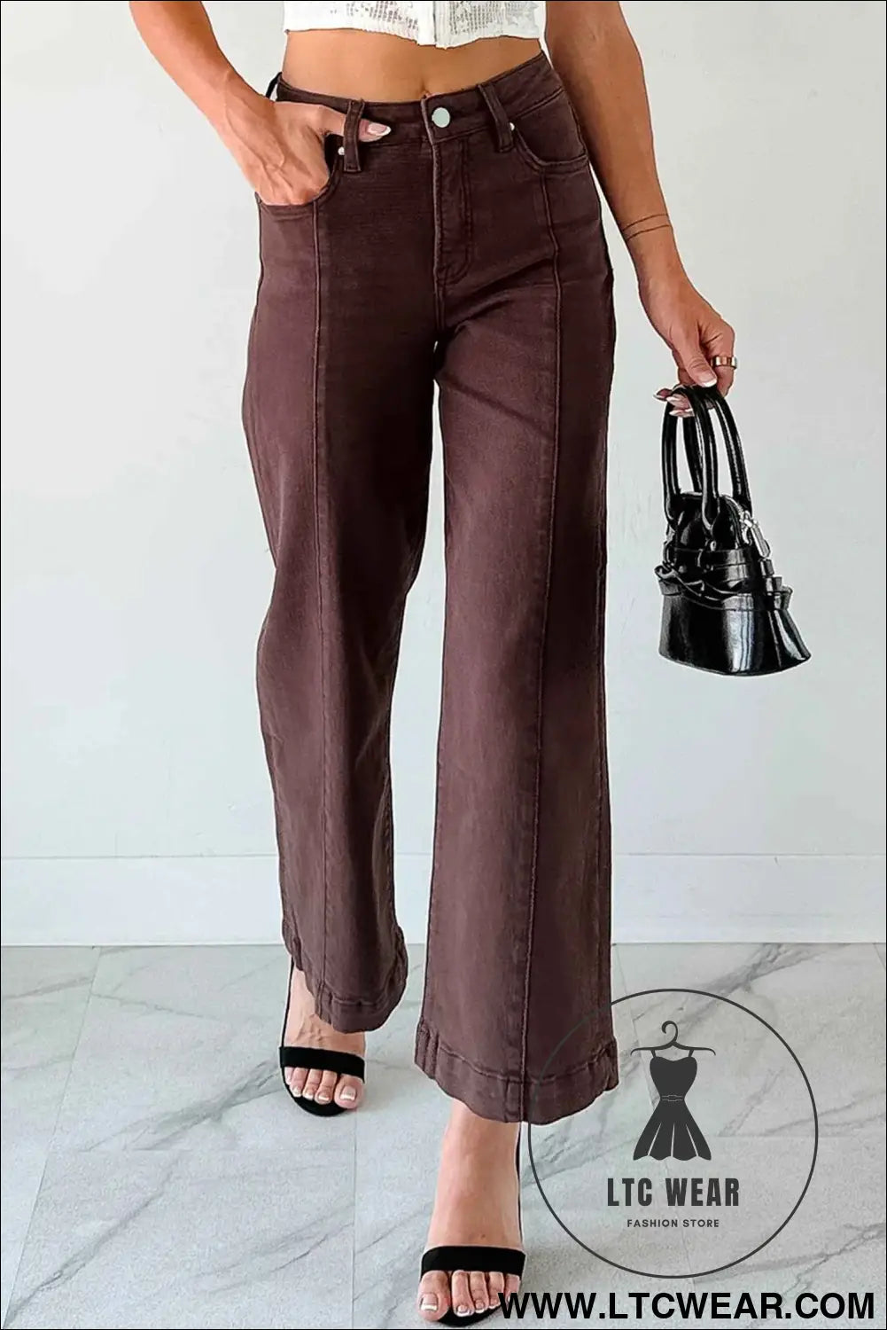 Red Sandalwood Solid Color Seamed Center Wide Leg Cropped Jeans