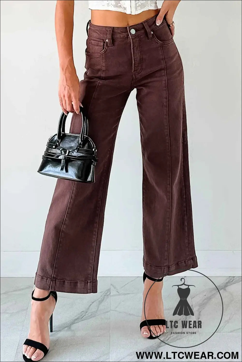 Red Sandalwood Solid Color Seamed Center Wide Leg Cropped Jeans