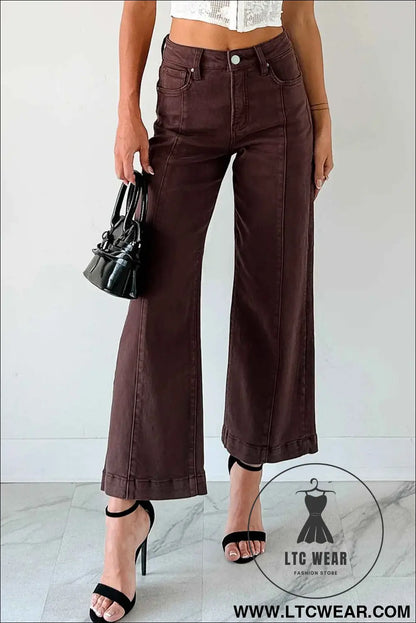 Red Sandalwood Solid Color Seamed Center Wide Leg Cropped Jeans