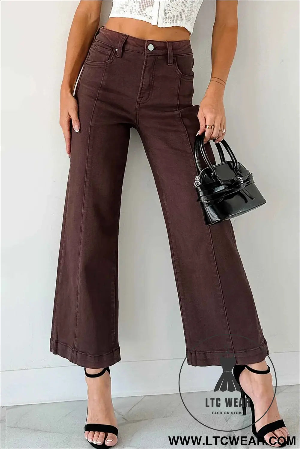 Red Sandalwood Solid Color Seamed Center Wide Leg Cropped Jeans