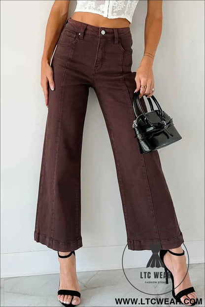 Red Sandalwood Solid Color Seamed Center Wide Leg Cropped Jeans