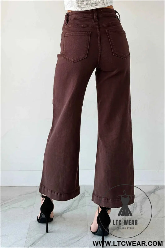 Red Sandalwood Solid Color Seamed Center Wide Leg Cropped Jeans