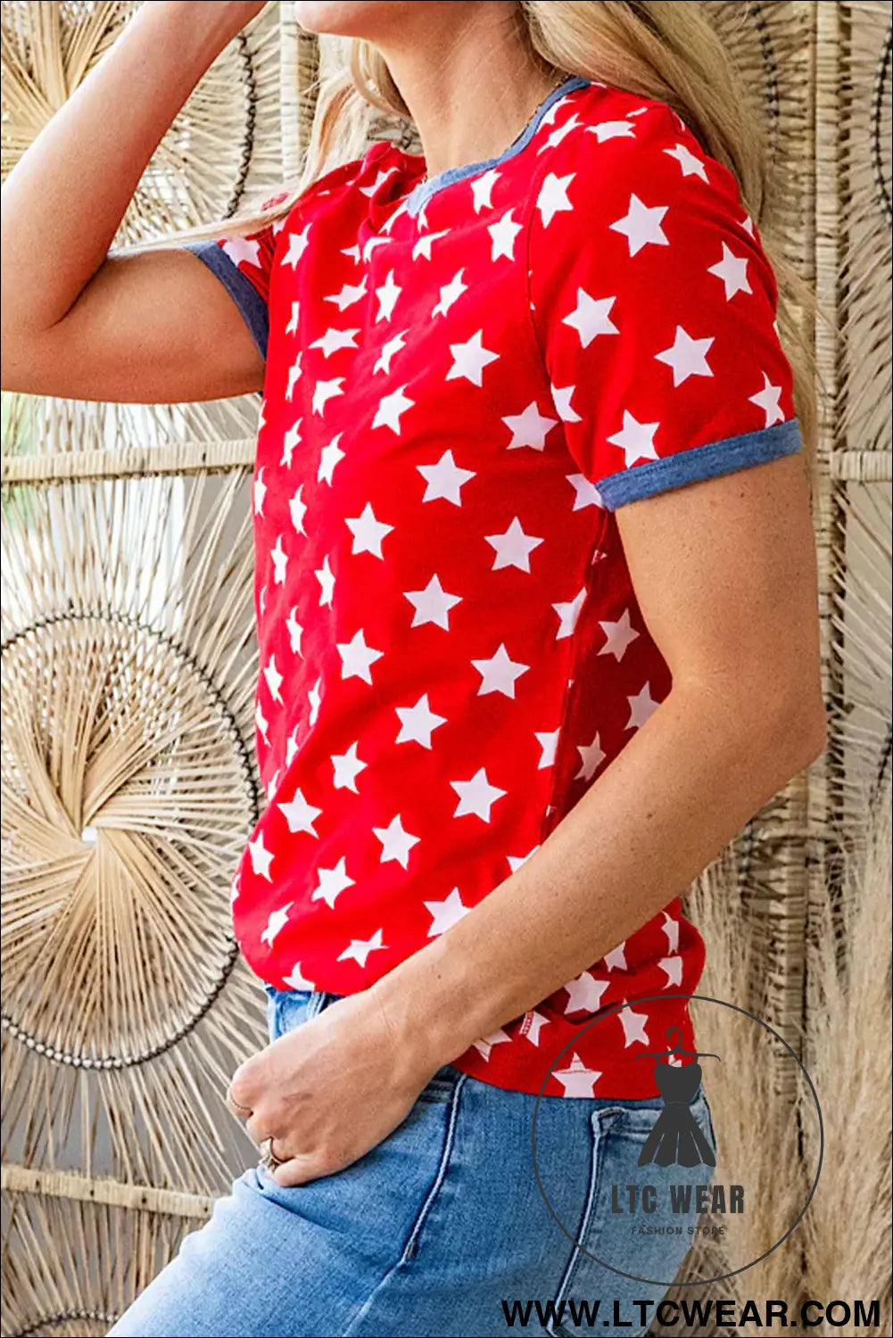 Red stars print colorblock binding tape collar cuff viscose tunic top - tops & tees