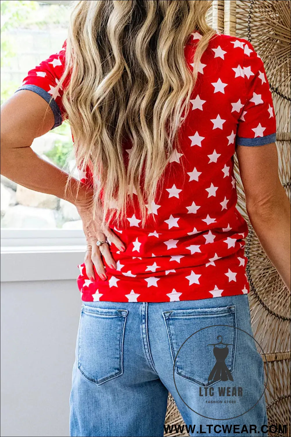 Red stars print colorblock binding tape collar cuff viscose tunic top - tops & tees