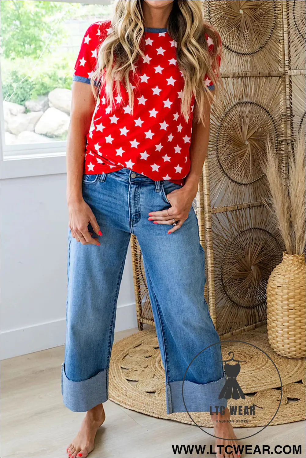 Red stars print colorblock binding tape collar cuff viscose tunic top - tops & tees