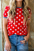 Red stars print colorblock binding tape collar cuff viscose tunic top - red / l / 95% polyester + 5% elastane - tops &