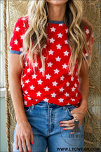 Red stars print colorblock binding tape collar cuff viscose tunic top - red / l / 95% polyester + 5% elastane - tops &
