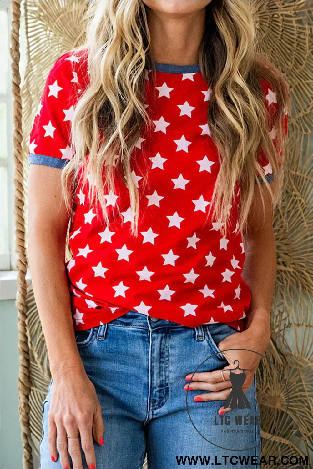 Red stars print colorblock binding tape collar cuff viscose tunic top - red / l / 95% polyester + 5% elastane - tops &